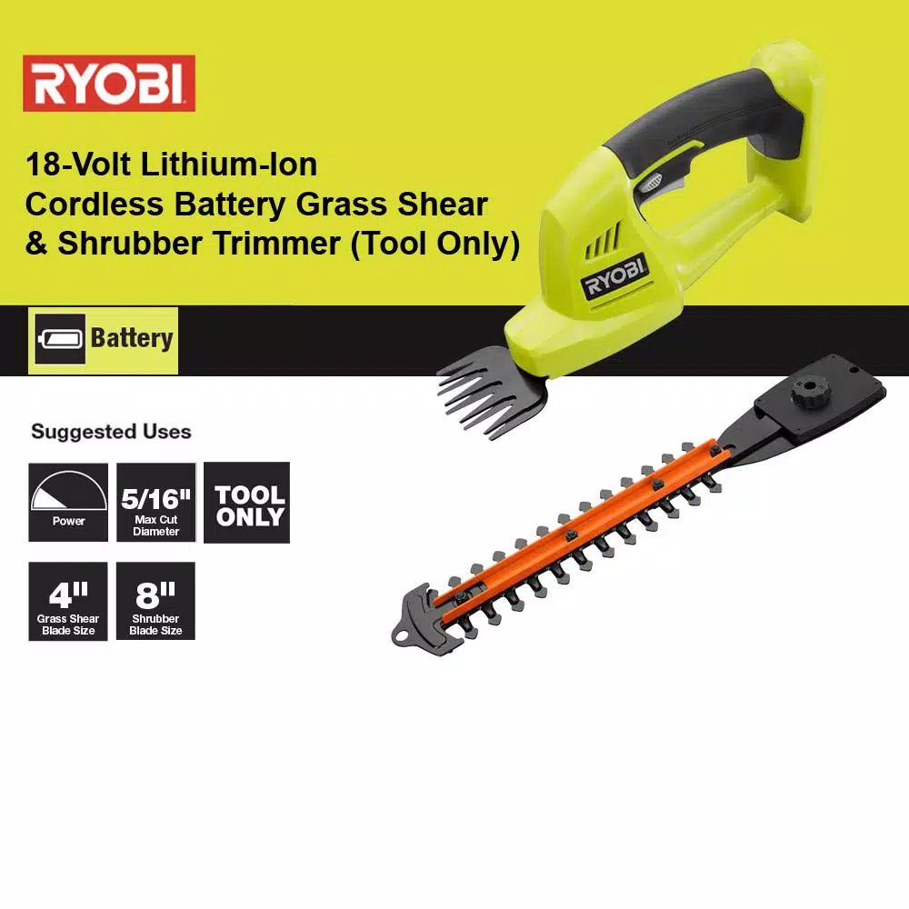 RYOBI 18V ONE+ Cordless Grass Shear and Shrubber Trimmer, Tool Only