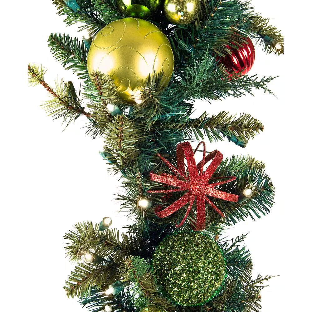 Village Lighting Company 9 ft. Pre-Lit LED Festive Holiday Pine Garland with Red and Green Ornaments