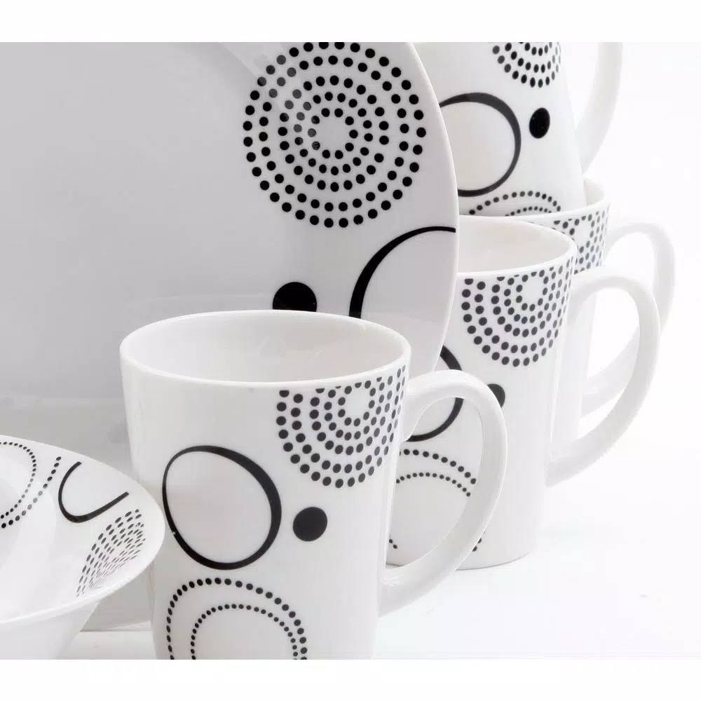 Gibson Home Modern Times 12-Piece Ceramic Dinnerware Set, Black Geometric Design on White, Service for 4