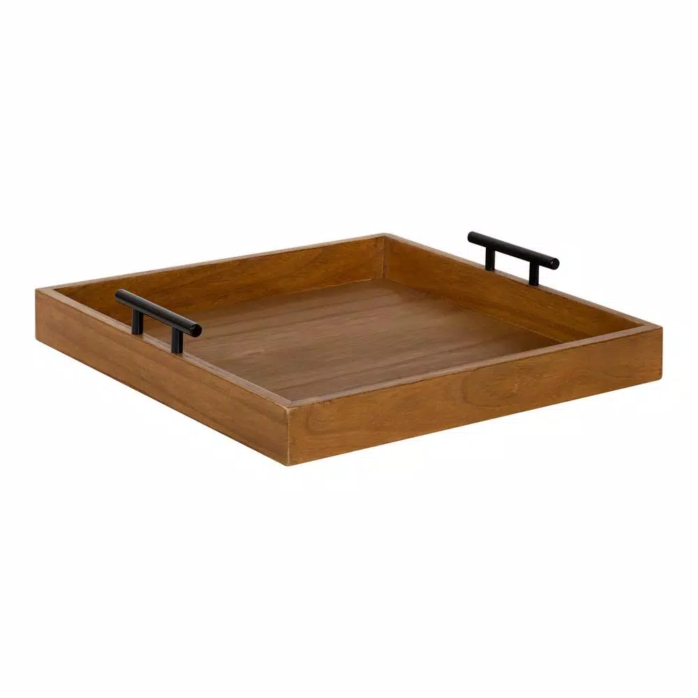 Kate and Laurel Lipton 16 in. Square Decorative Wood Tray with Black Metal Handles, Rustic Farmhouse Style