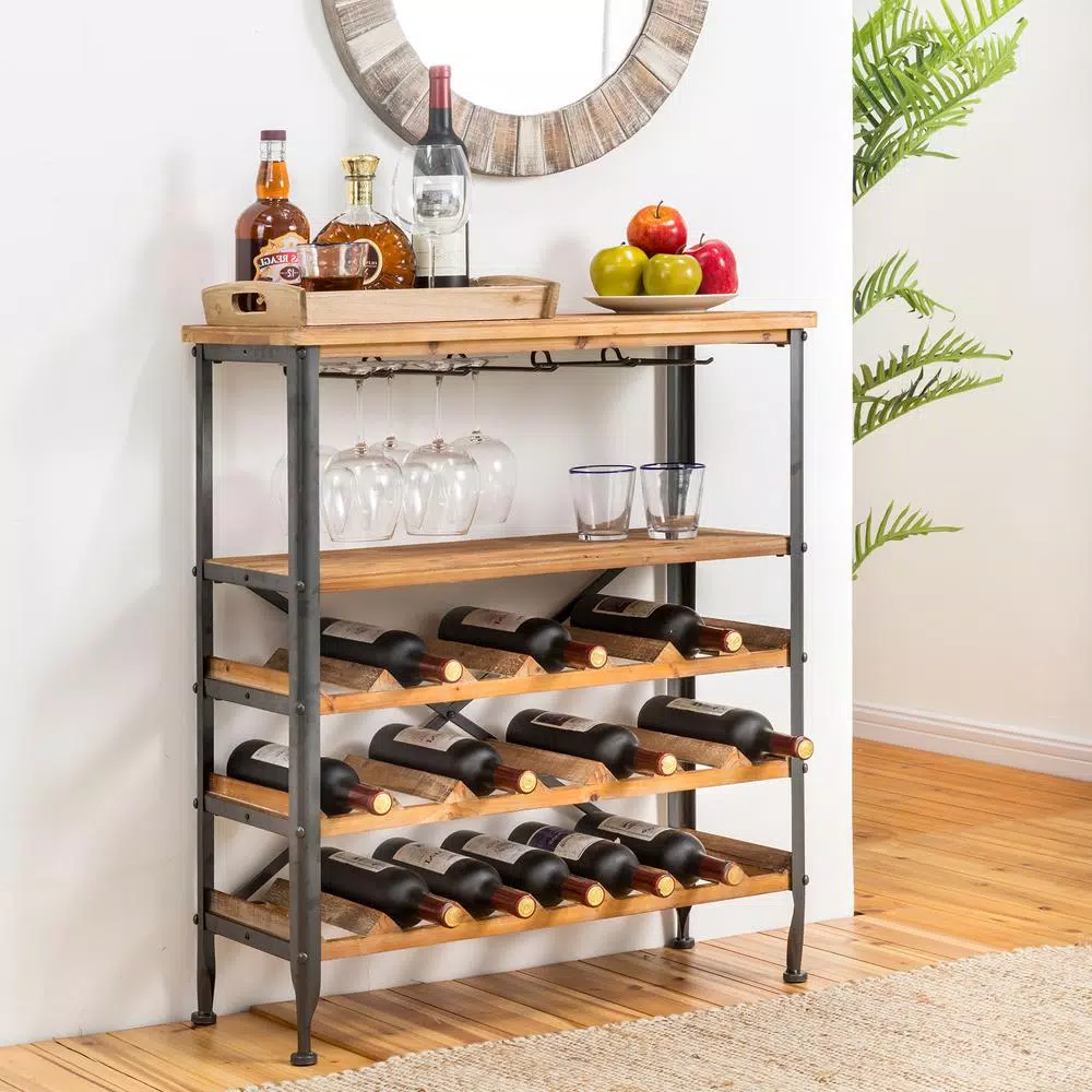 Glitzhome 34.25 in. Vintage Wood and Iron Wine Bottle and Glass Rack