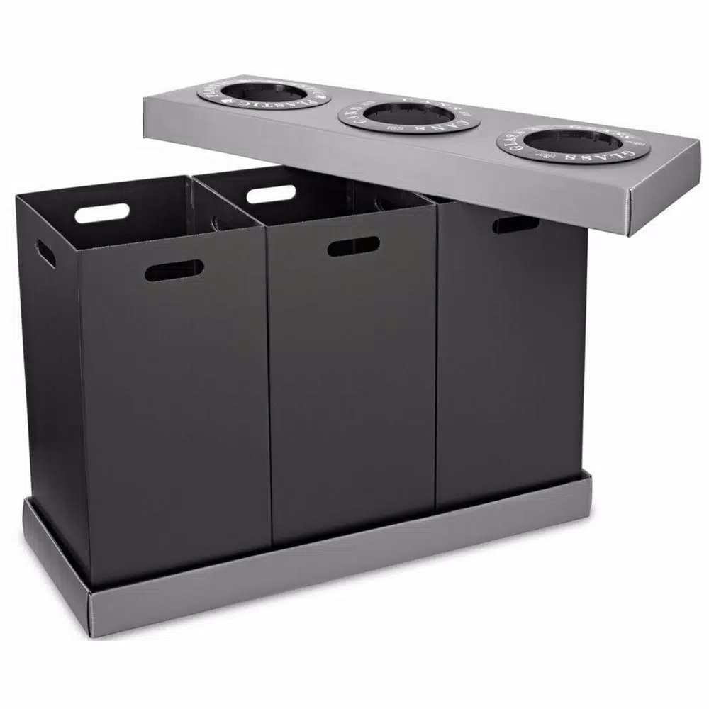 Alpine Industries 28 Gal. Black Corrugated Plastic 3-Compartment Indoor Trash and Recycling Bin