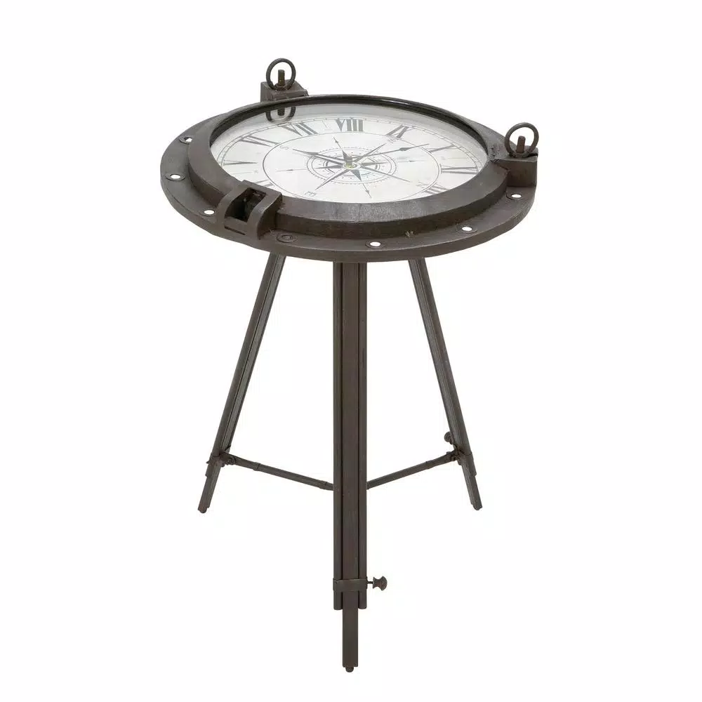 LITTON LANE 24 in. Iron Compass and Porthole Analog Clock Table, Nautical Industrial Decor