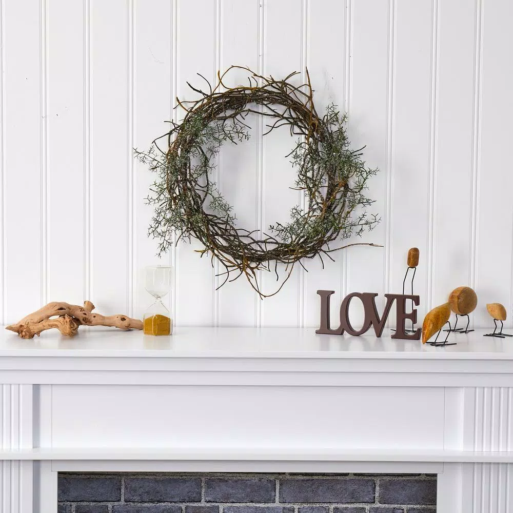 Nearly Natural 17 in. Frosted Twig Wreath with Artificial Grass and Faux Snow