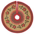 VHC Brands 21 in. Natural Tan Jute Christmas Tree Skirt with Poinsettia and Holly Berry Stencil thumbnail 1