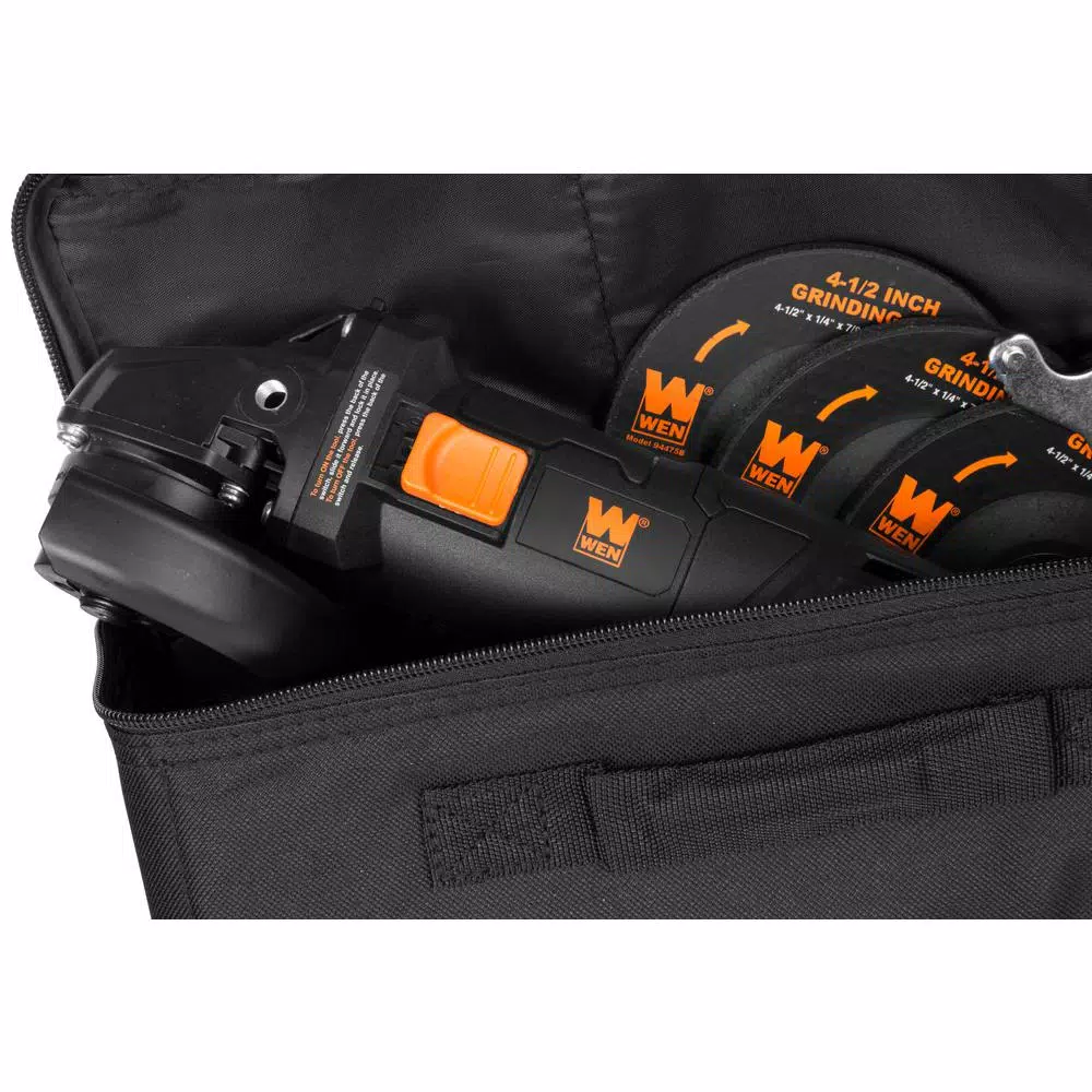 WEN 4.5 in. 7.5 Amp Corded Angle Grinder with Reversible Handle, 3 Discs, and Carrying Case
