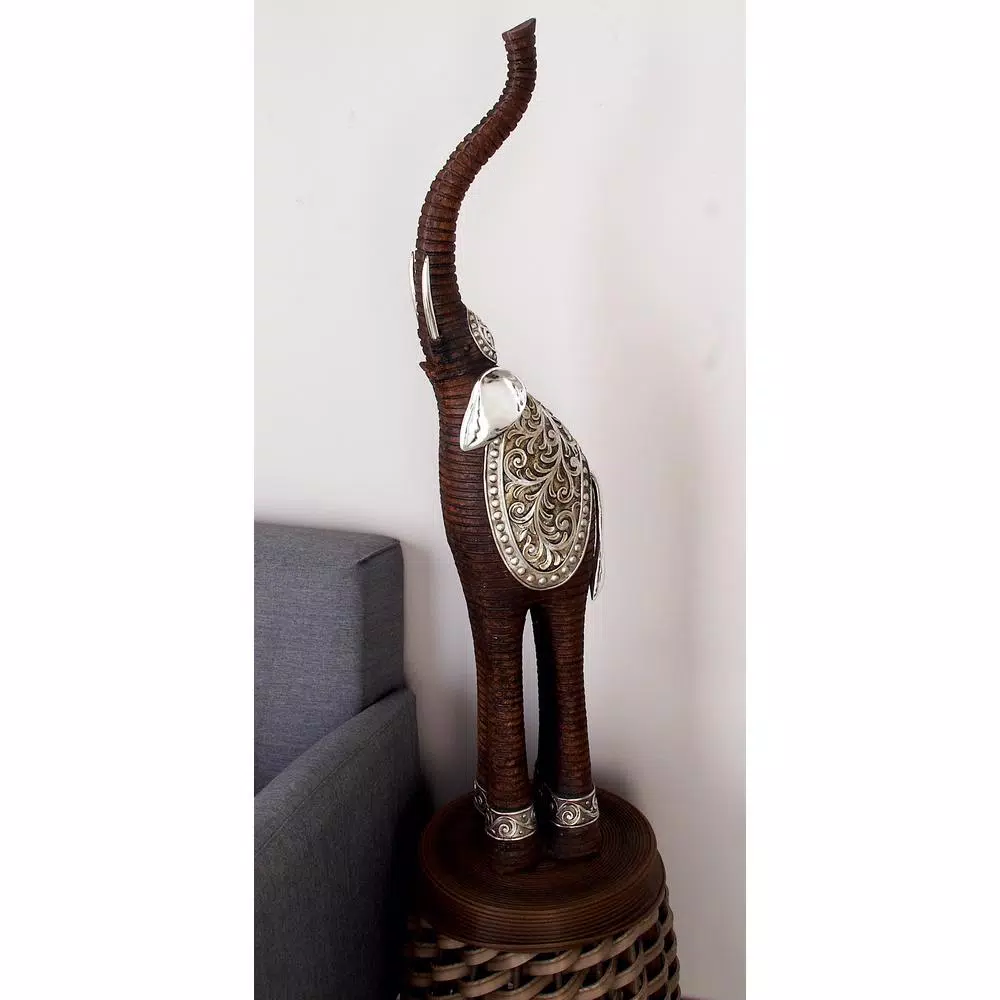 LITTON LANE 38 in. Elephant Decorative Sculpture with Raised Trunk - Brown and Silver Polystone Statuary