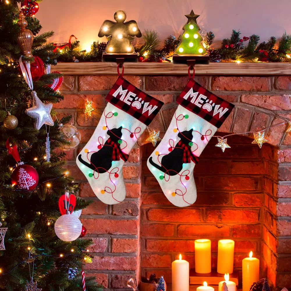 Glitzhome 21 in. LED Embroidered Cat Christmas Stockings, Cream Linen Style Polyester (2-Pack)