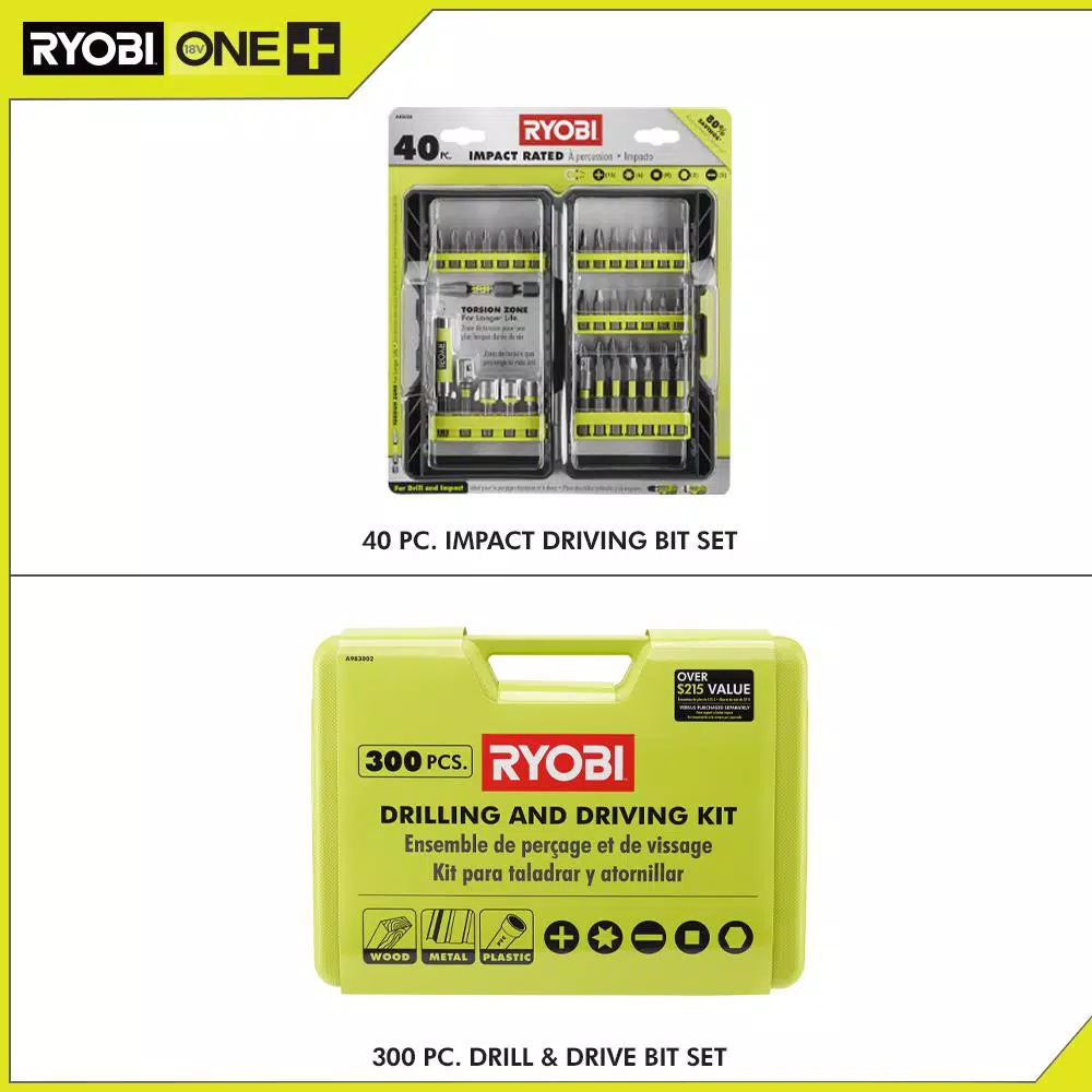 RYOBI 2-Piece Drill and Drive Accessory Kit: 40-Piece Impact Rated & 300-Piece Multi-Material Sets