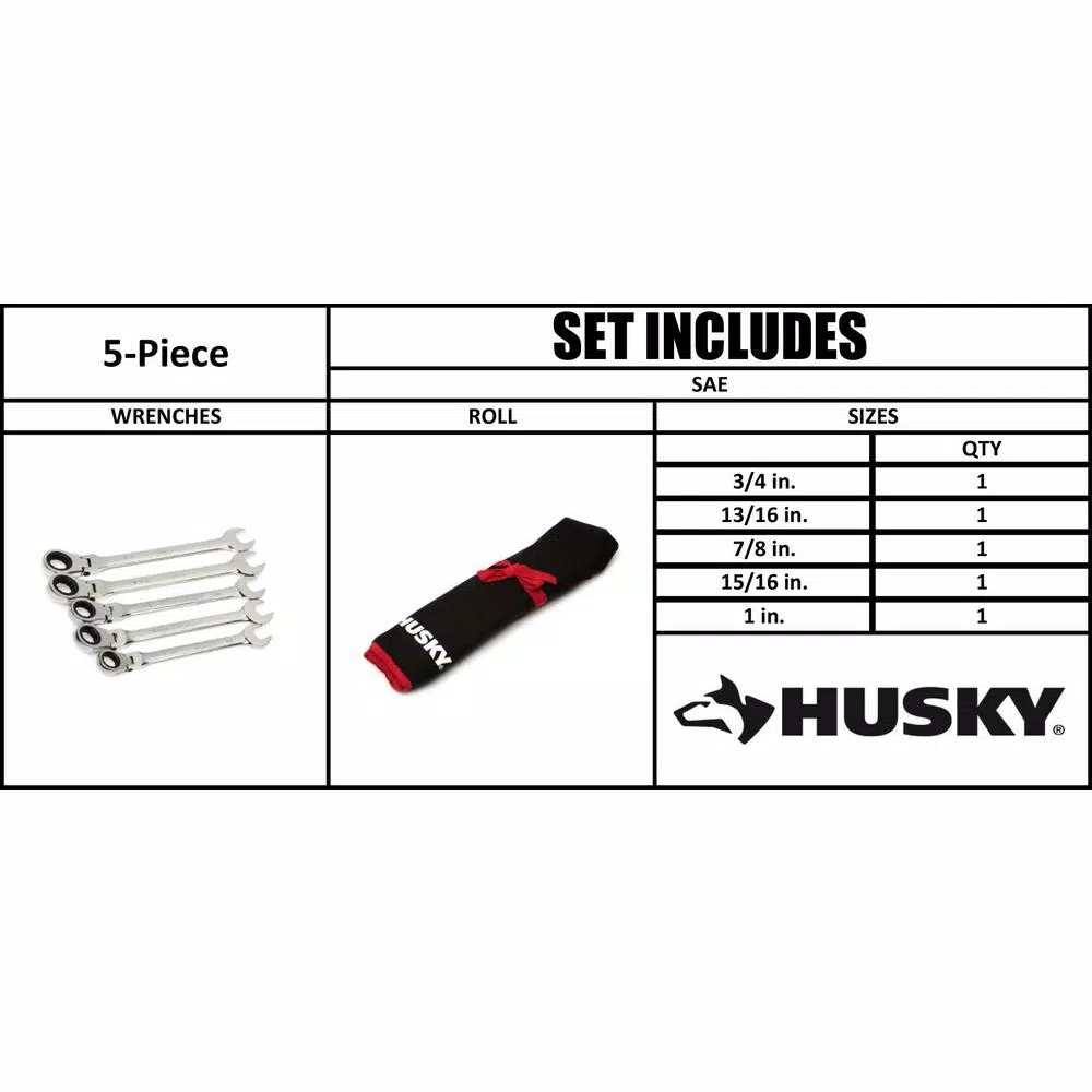 Husky 5-Piece Large SAE Flex Head Ratcheting Wrench Set