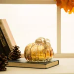 Glitzhome Set of 2 Green and Amber Crackle Glass Short Pumpkins, 4.72 in. Handmade Fall Decor thumbnail 9