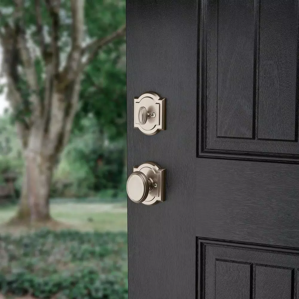 Baldwin Prestige Wesley Single Cylinder Satin Nickel Handleset with Arch Rose Carnaby Knob and SmartKey Security