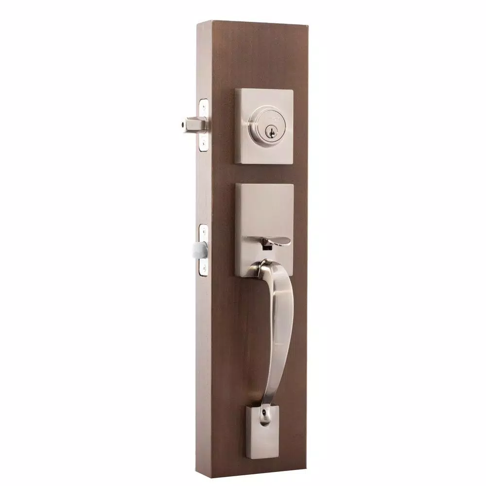 Copper Creek Craftsman Satin Stainless Front Door Handleset with Right-Hand Scandinavian Lever Trim