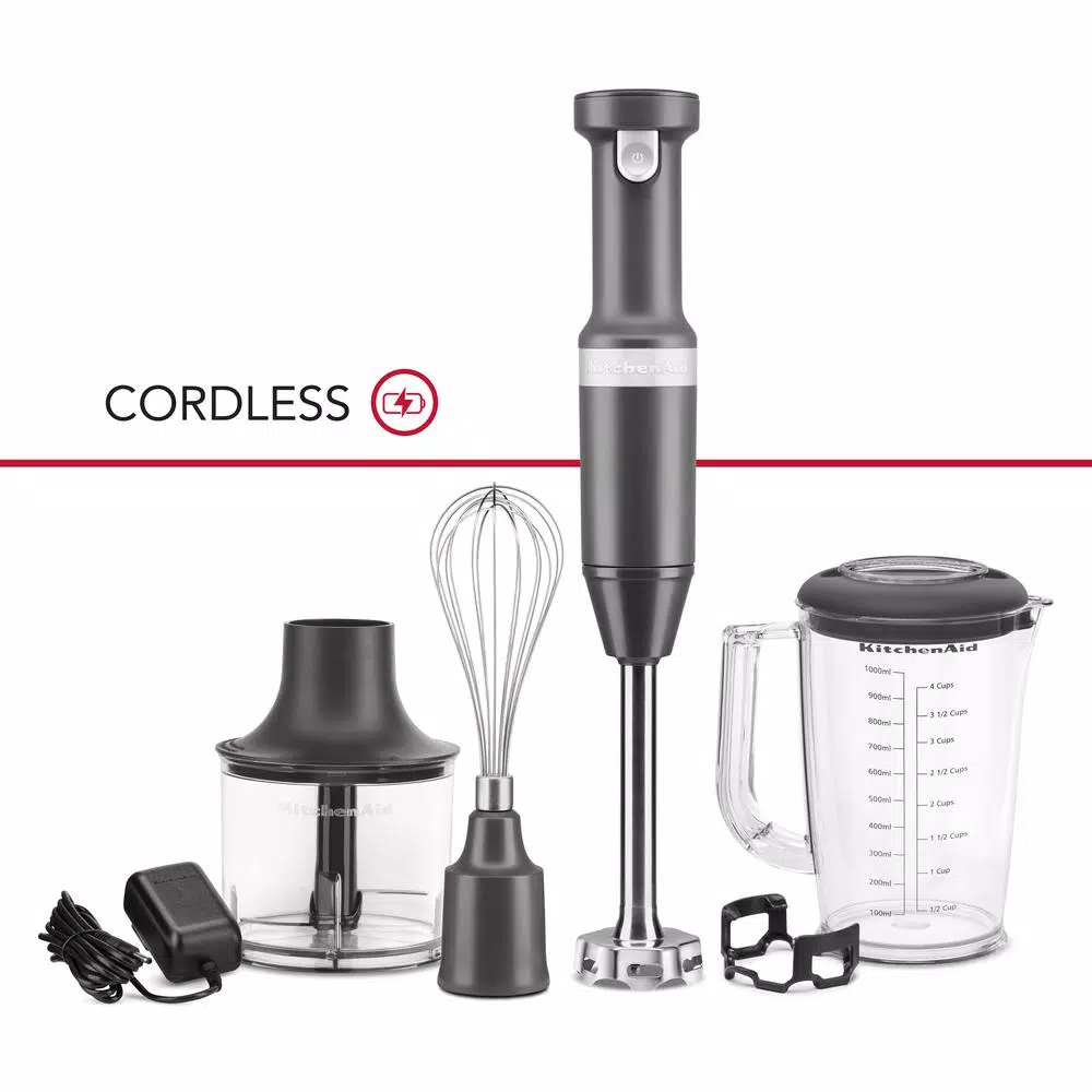 KitchenAid Cordless Variable Speed Hand Blender with Chopper and Whisk Attachments, Charcoal Grey