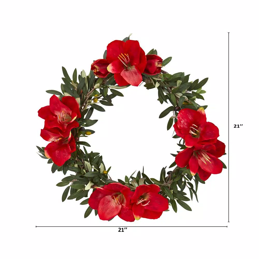 Nearly Natural 21 in. Olive and Red Amaryllis Artificial Floral Wreath