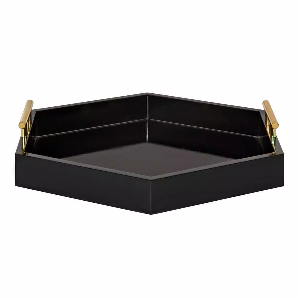 Kate and Laurel Lipton 18 in. Black and Gold Hexagon Decorative Serving Tray with Metal Handles