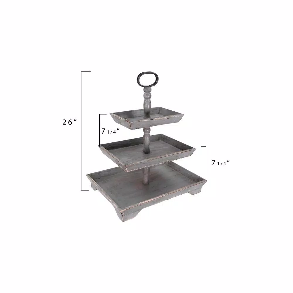 3R Studios Bungalow Lane Grey 3-Tier Decorative Tray with Distressed Wood & Metal Construction