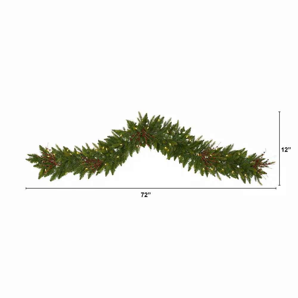 Nearly Natural 6 ft. Pre-Lit Artificial Pine Christmas Garland with 50 Warm White LED Lights and Berries