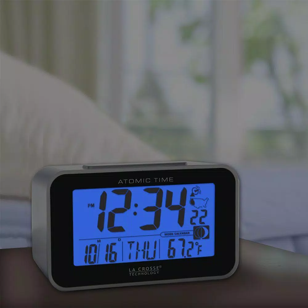 La Crosse Technology Atomic Digital Alarm Clock with Moon Phase & Temperature Display, Silver