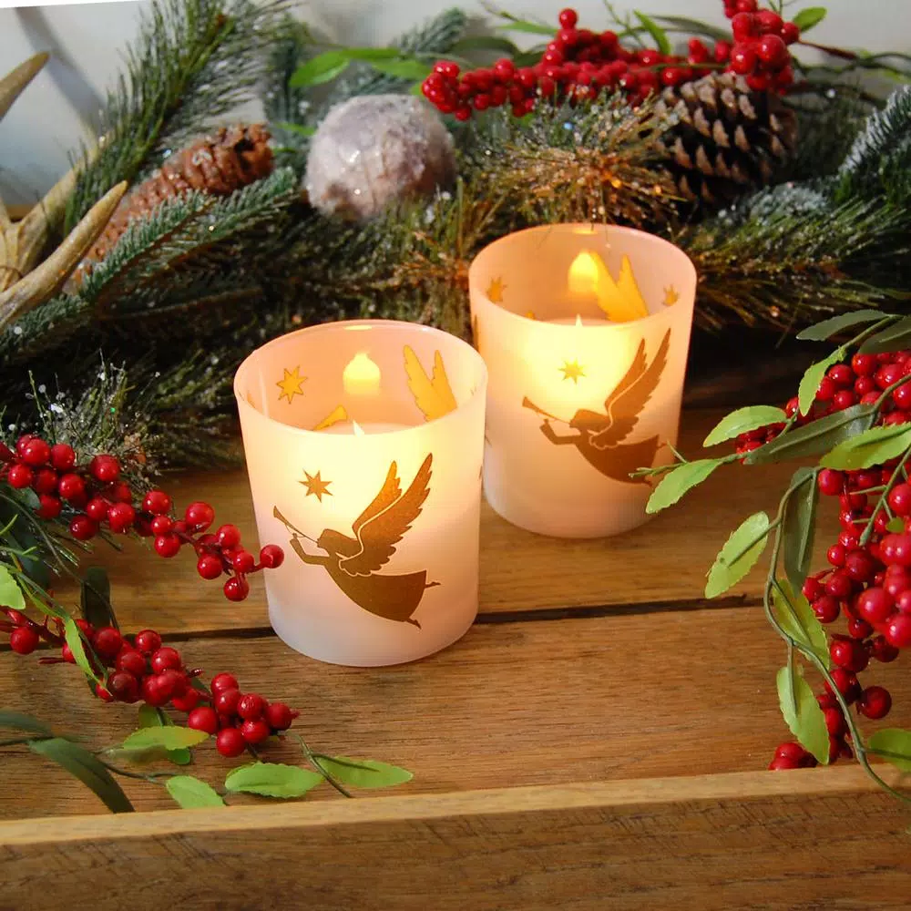 LUMABASE Gold Angels Battery Operated LED Candles with Timer, Frosted Glass and Genuine Wax, 2-Count
