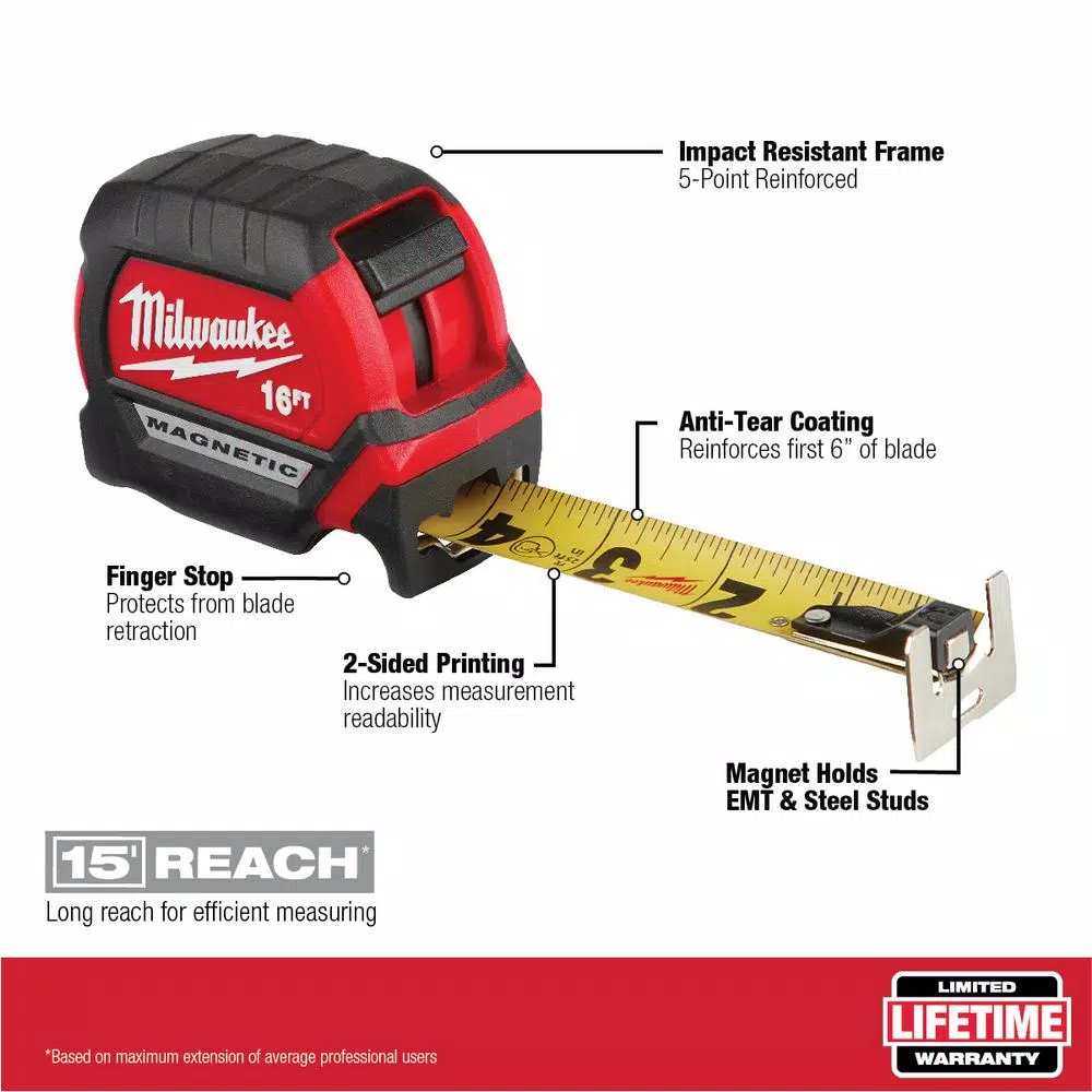 Milwaukee 16 ft. Compact Magnetic Tape Measure with 15 ft. Reach