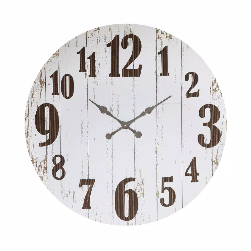 3R Studios Distressed White Wood Slat Wall Clock, 36-Inch Oversized Farmhouse Decor