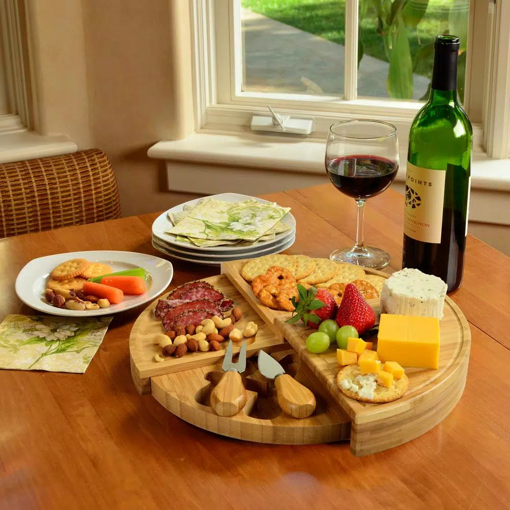 Unbranded Picnic at Ascot Florence Transforming Bamboo Cheese Board Set with Stainless Steel Tools