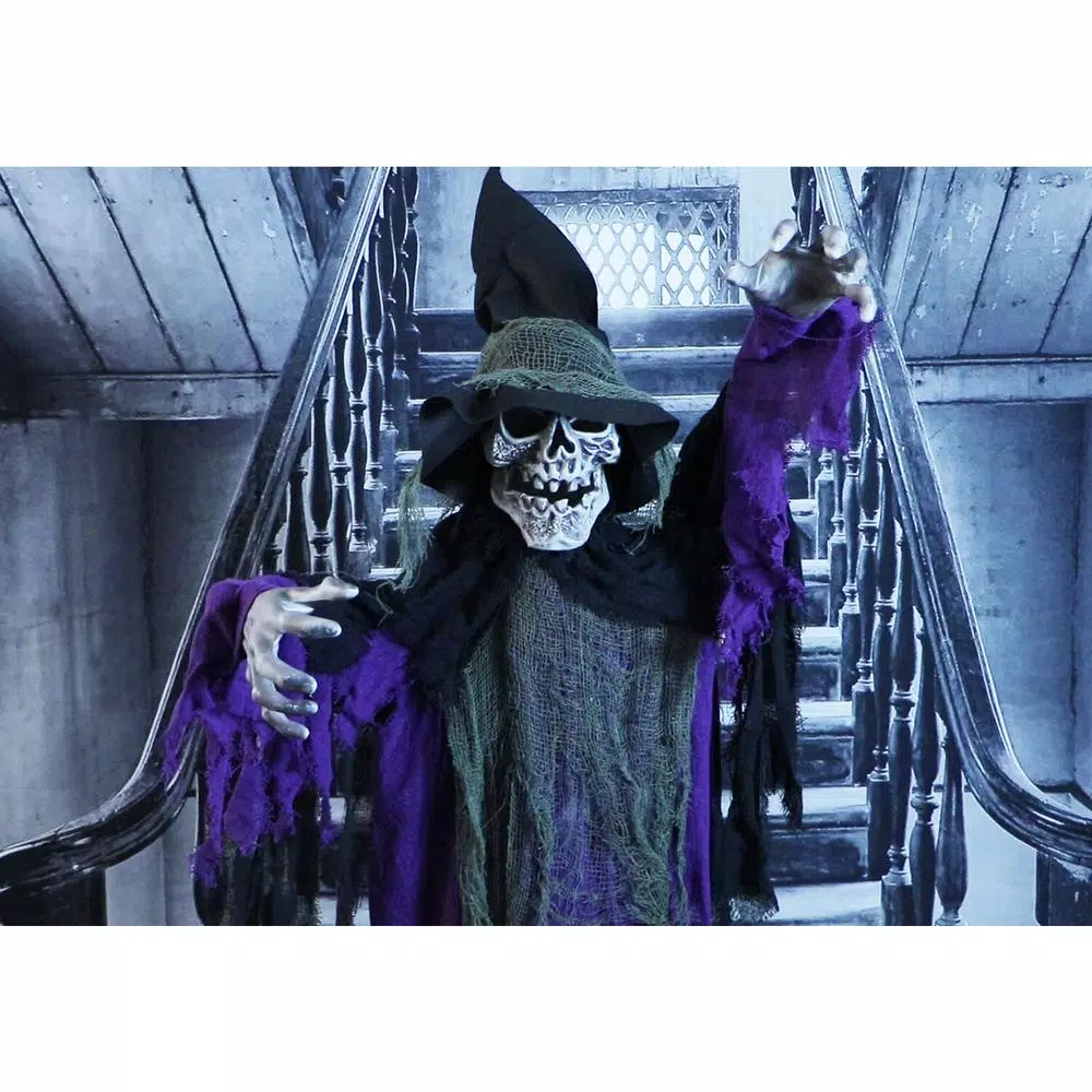 Haunted Hill Farm 6 ft. Animated Skeleton Witch Halloween Prop with Multi-Color Light Effects