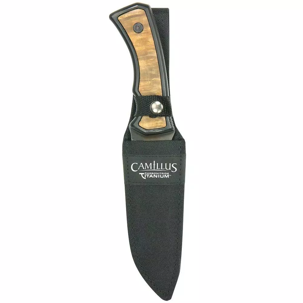 Camillus Mountaineer 4 in. Carbonitride Titanium Drop Point Fixed Blade Knife with Burlwood Accent Handle