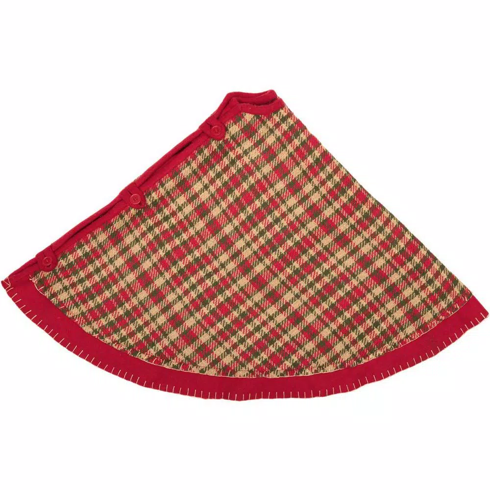 VHC Brands Claren 48 in. Cherry Red Rustic Plaid Christmas Tree Skirt with Gold Metallic Thread