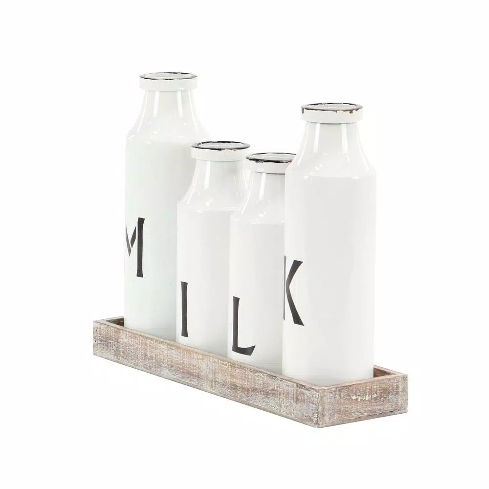 LITTON LANE Rustic Reflections Farmhouse Decorative Wood Tray with 4 Distressed White Milk Bottles