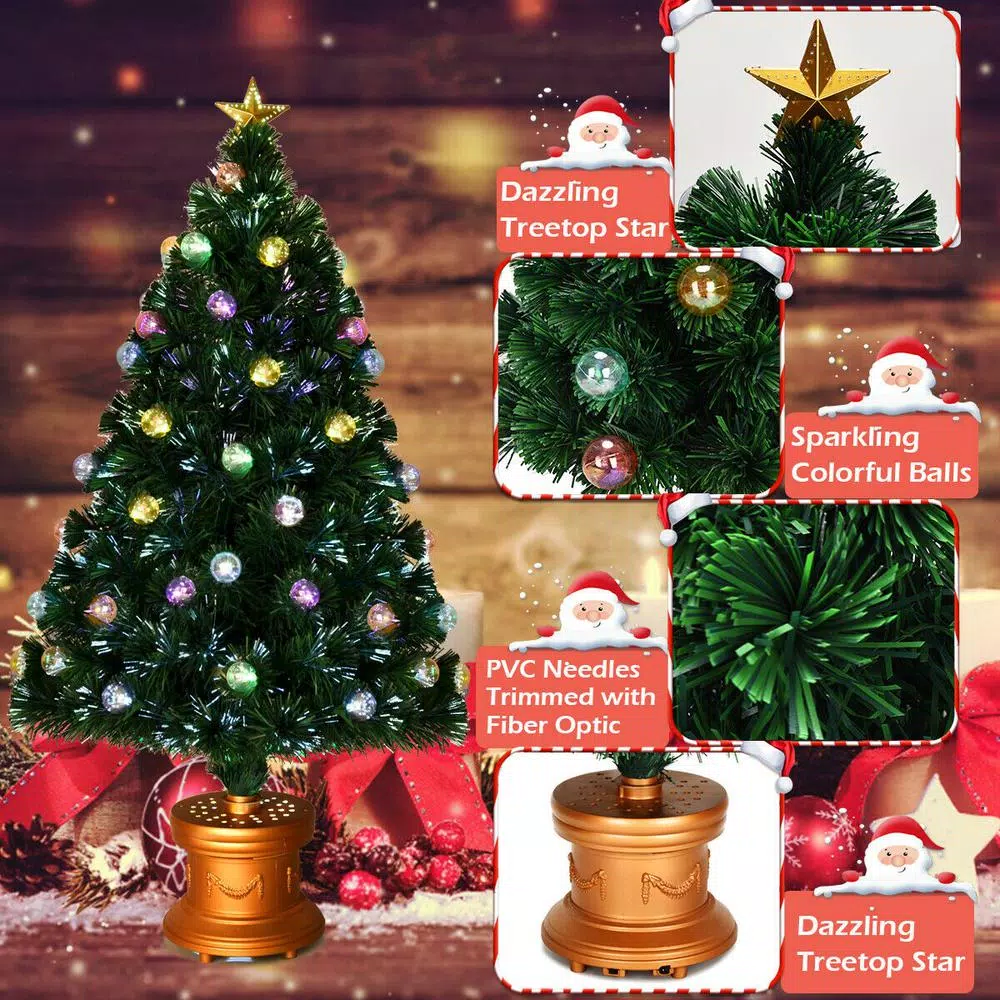 Costway 4 ft. Fiber Optic Pre-Lit Christmas Tree with Multi-Color LED Lights, Ornaments, and Gold Star