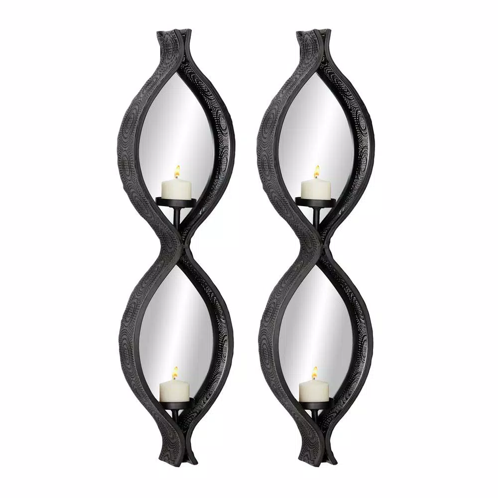 LITTON LANE Eclectic Figure Eight Black Metal Mesh Wall Sconces with Mirror Inlays, Set of 2