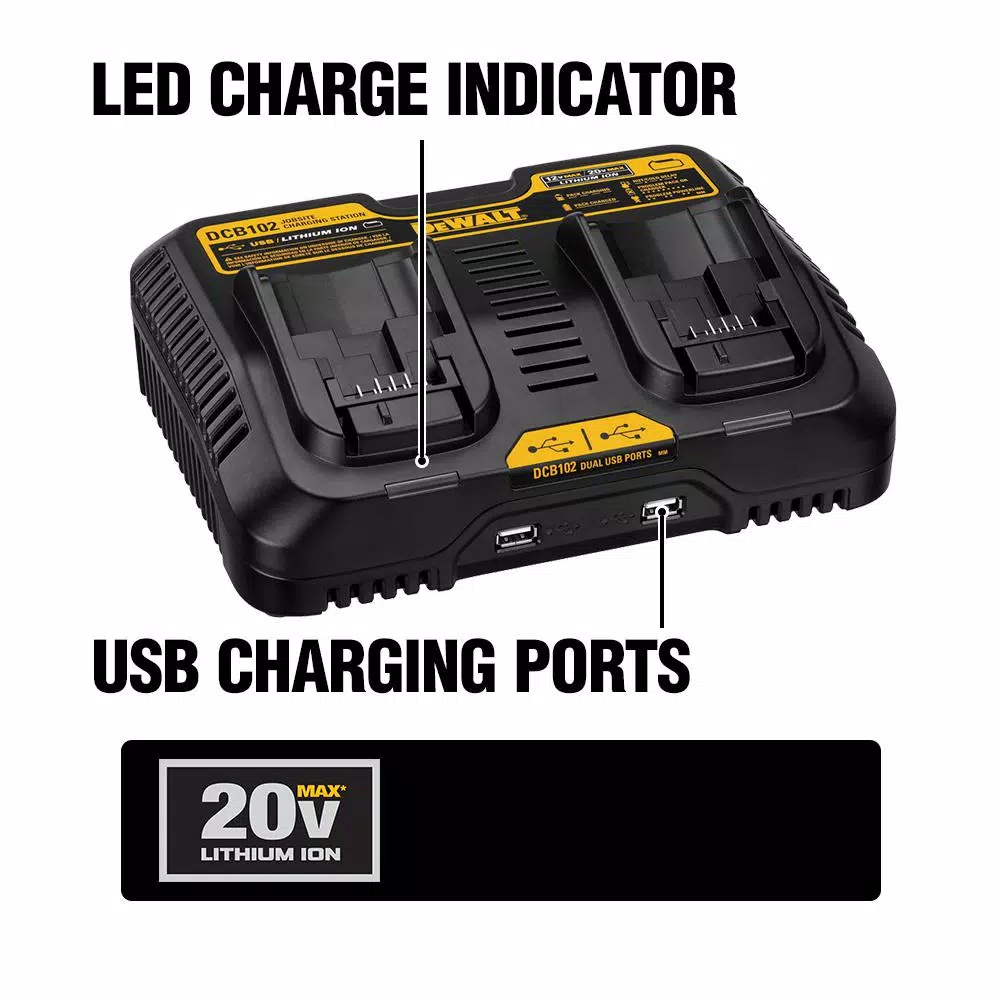 DEWALT DCB102 12V/20V MAX Lithium-Ion Dual Port Jobsite Charging Station with 2 USB Ports