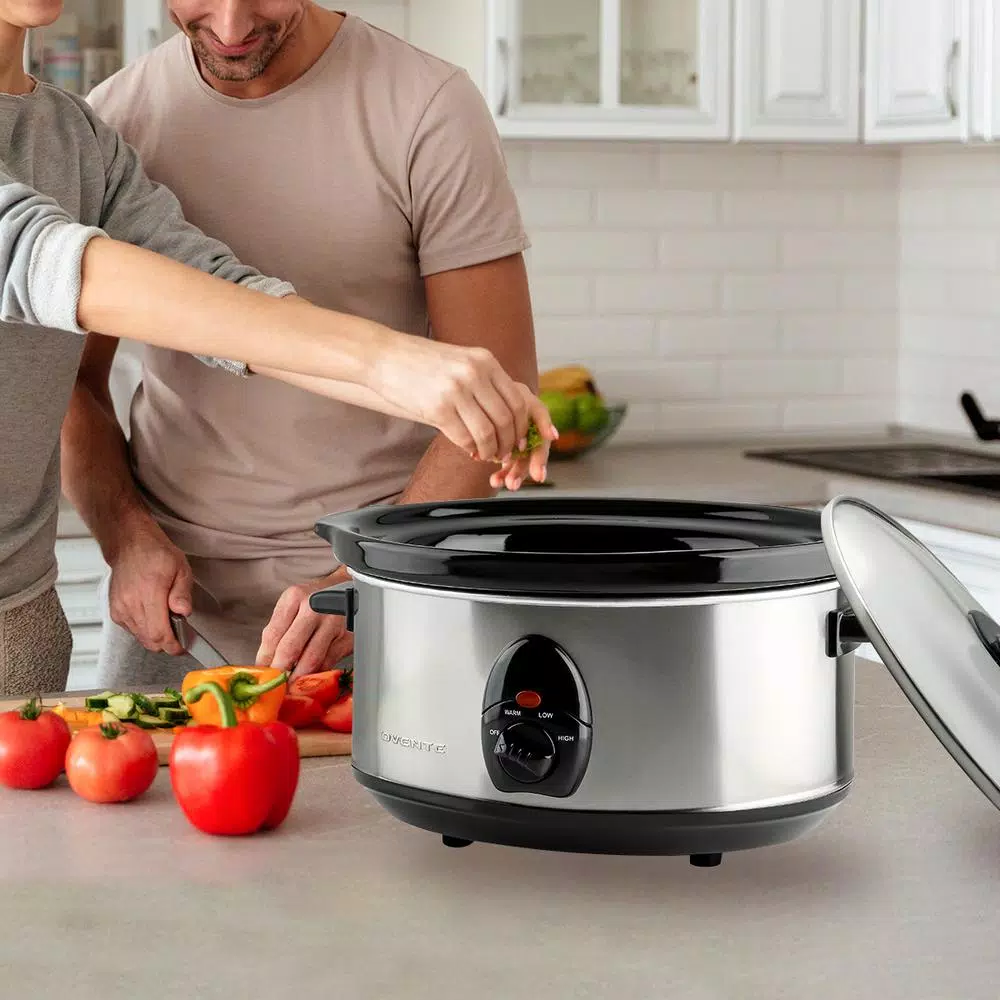 Ovente 3.7 Qt. Stainless Steel Electric Slow Cooker with Glass Lid, 3 Temperature Settings (SLO35ABR)