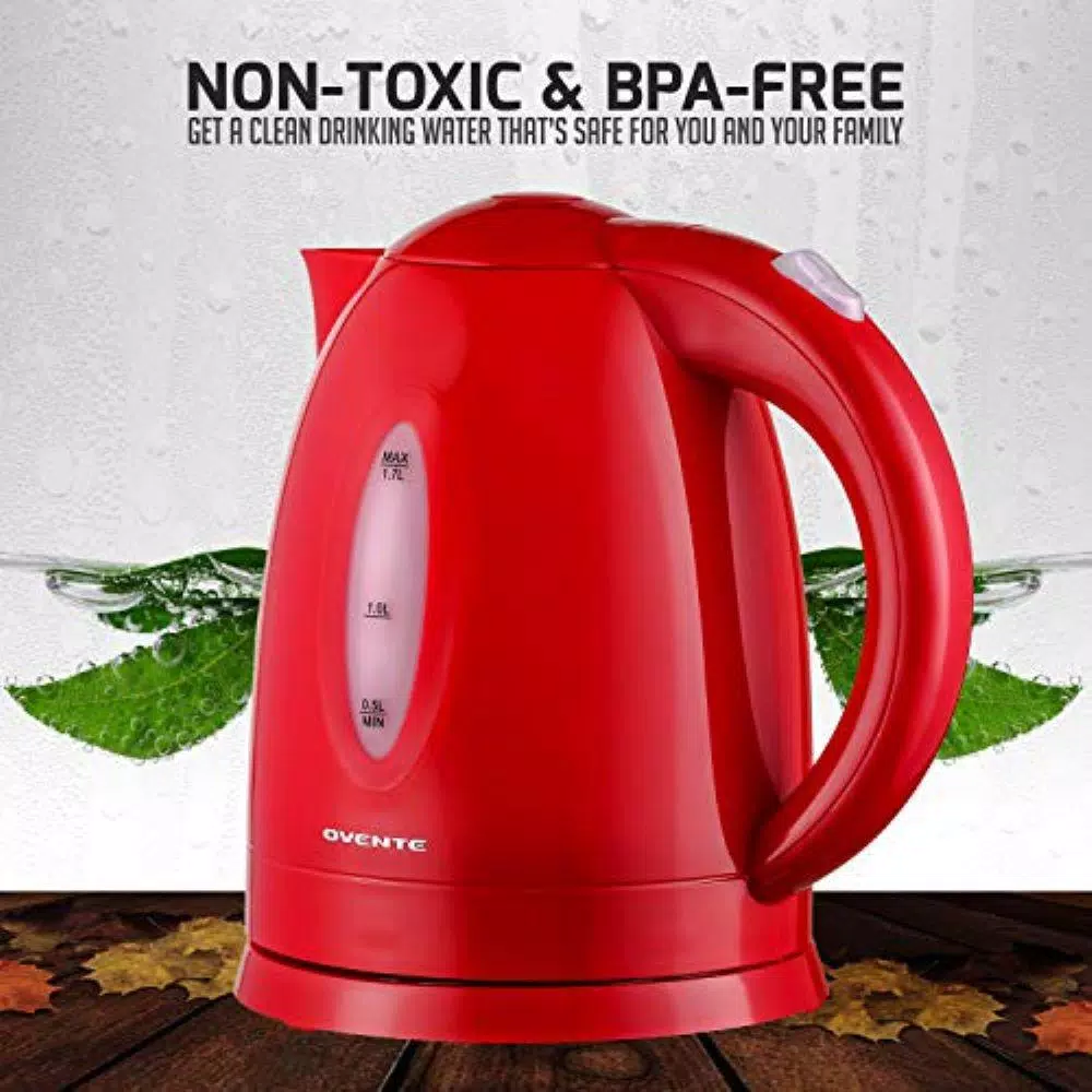 Ovente KP72R 1.7L Electric Kettle, 1100W Fast Boiling Water Kettle with Auto Shut-Off, Red