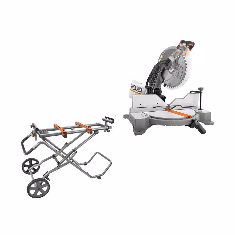 RIDGID 12 in. 15 Amp Dual Bevel Corded Miter Saw with LED and Universal Mobile Stand Kit