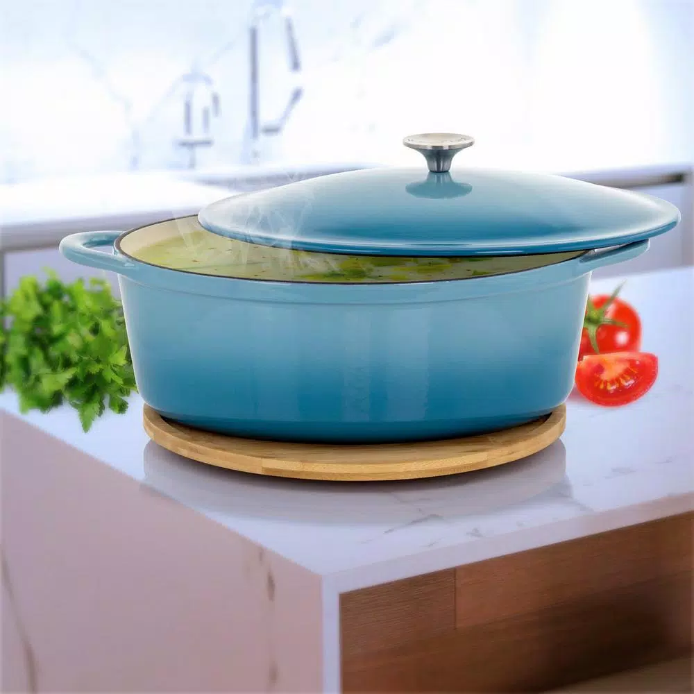 MegaChef 7 Qt. Oval Enameled Cast Iron Casserole Dish with Lid, Blue
