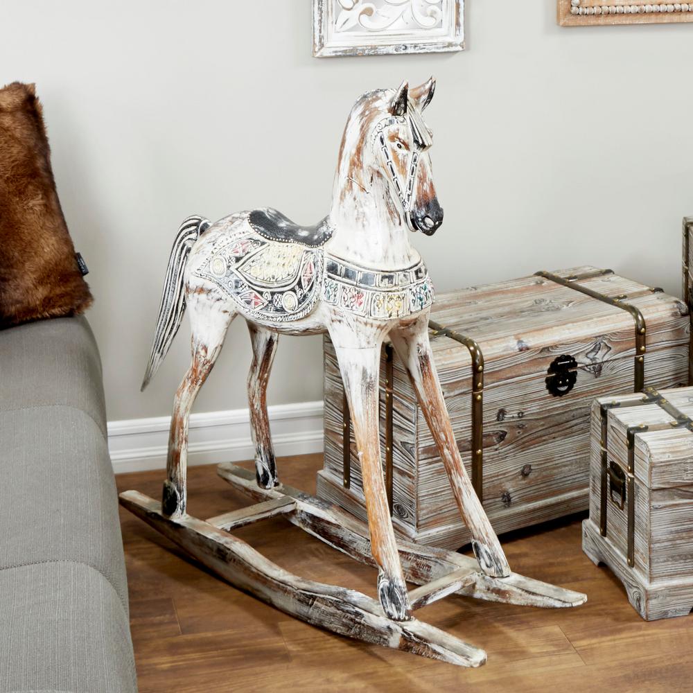 LITTON LANE Handmade Vintage Wooden Rocking Horse - Hand-Carved Albizia Wood with Ornamental Saddle