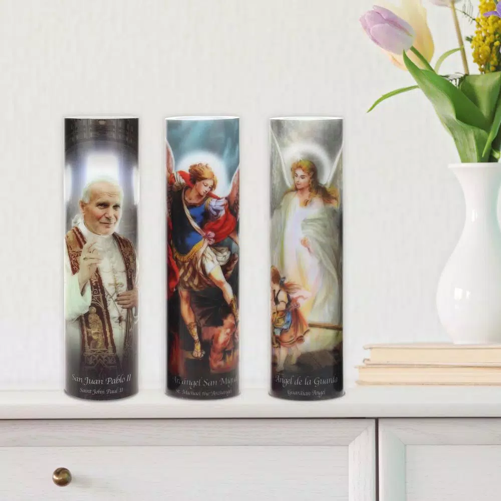 Stonebriar Collection 8 in. Guardian Angel LED Flameless Prayer Candle - English & Spanish