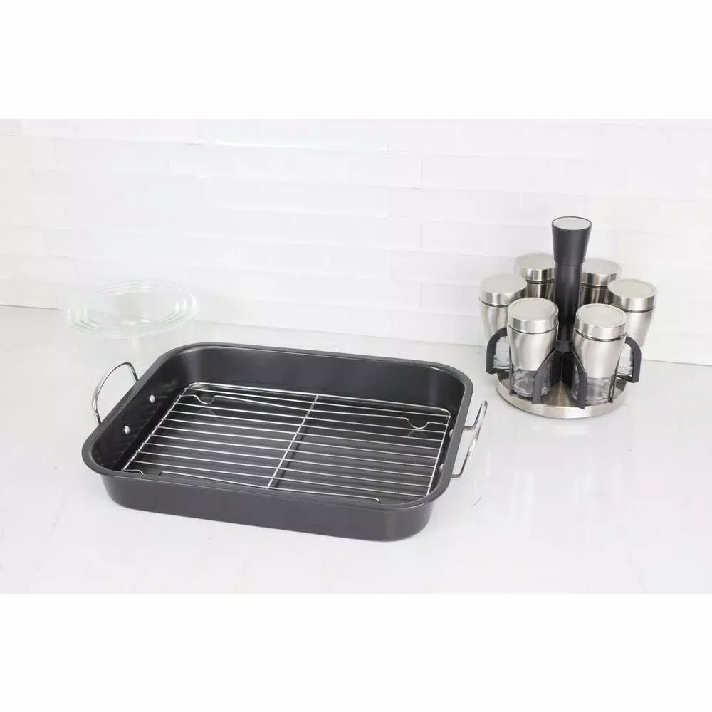 Home Basics 5.75 Qt. Steel Roasting Pan with Stainless Steel Grill Rack, Non-Stick Black