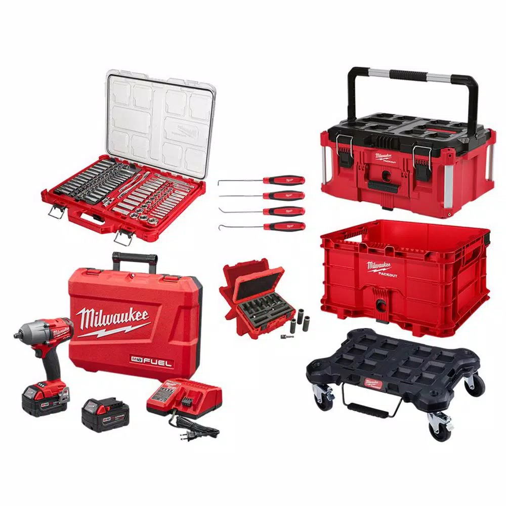 Milwaukee M18 FUEL Impact Wrench & 117-Pc Ratchet, Socket, and PACKOUT Modular Storage Combo Kit
