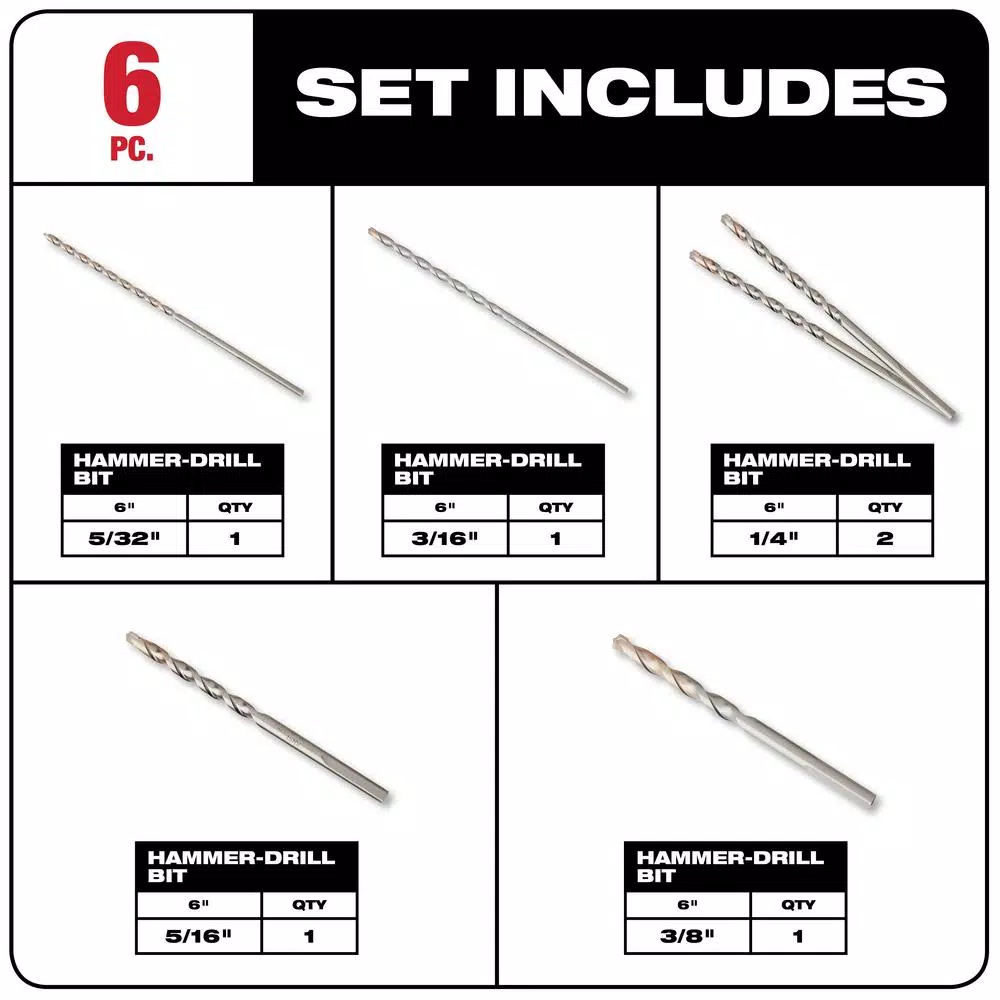 Milwaukee 48-20-8856 6-Piece 3-Flat Secure-Grip Carbide Hammer Drill Bit Set