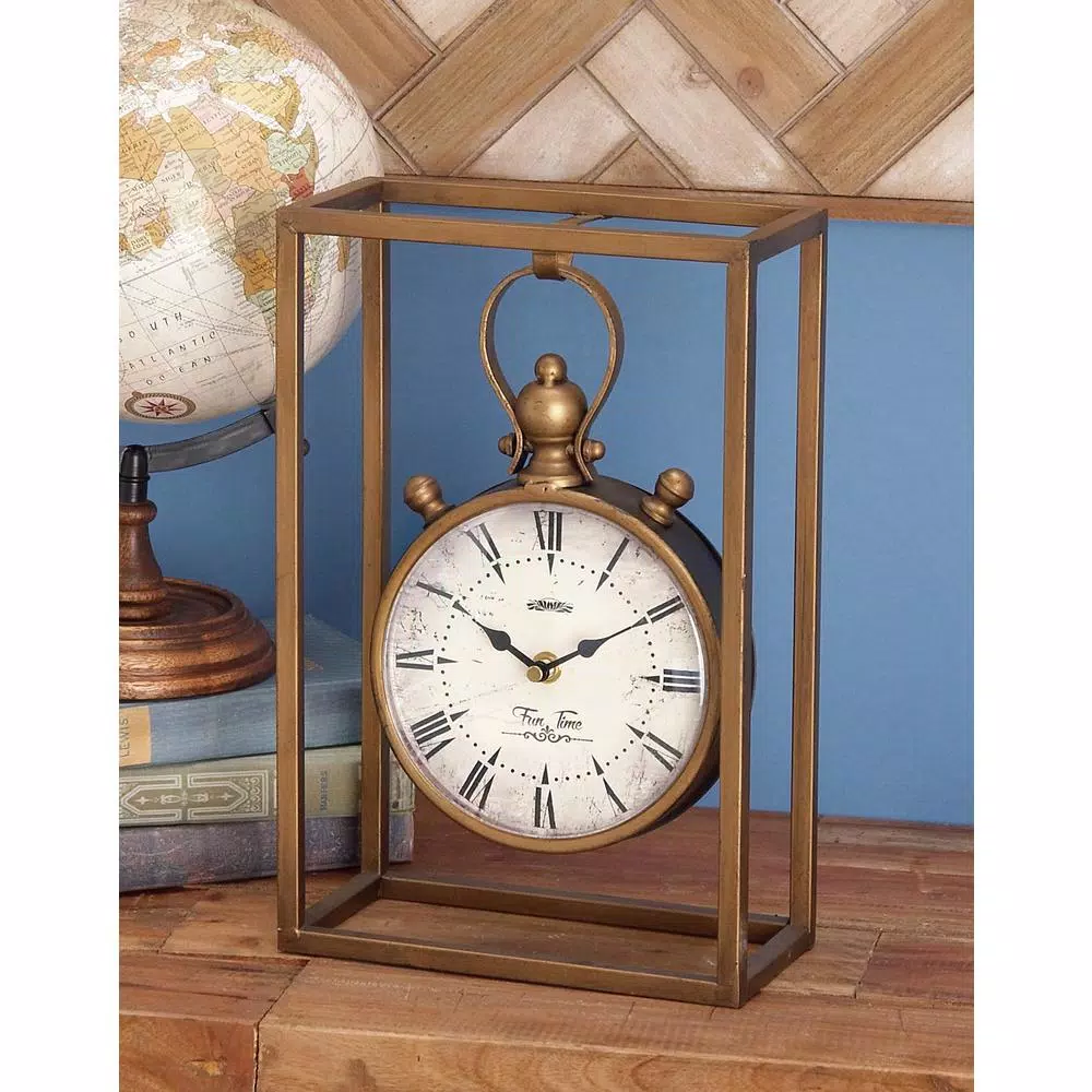 LITTON LANE 13 in. Round Iron Table Clock with Rectangular Metal Frame, Tarnished Bronze Finish