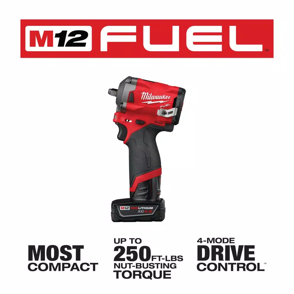 Milwaukee M12 FUEL 3/8 in. Stubby Brushless Cordless Impact Wrench Kit with Two Batteries and Charger