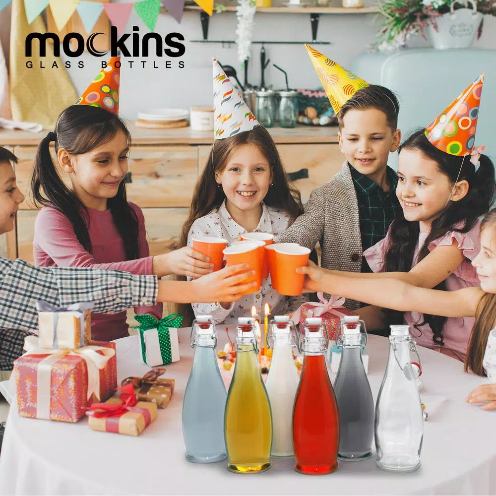 Mockins 17 oz. Glass Bottles with Swing Top Stoppers - Set of 6 with Funnel, Brush, and Gold Marker