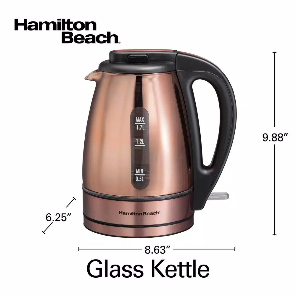 Hamilton Beach 1.7L Glass Electric Kettle with Copper Stainless Steel Base, 1500W Rapid Boil