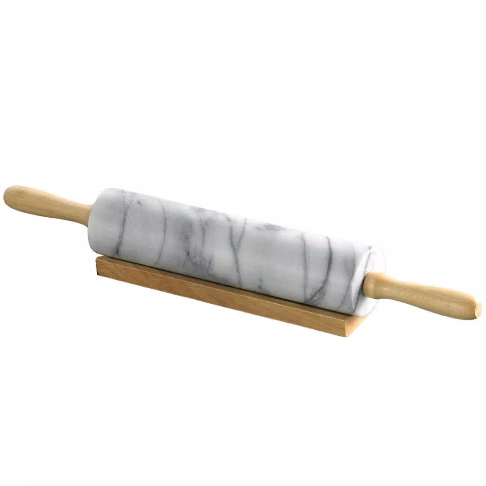 Creative Home Natural Marble Rolling Pin with Wooden Handles and Storage Cradle, 18 in.