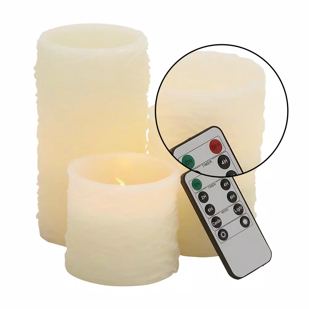 LITTON LANE Ivory Wax Flameless Pillar Candle Set of 3 with Remote Control and Timer