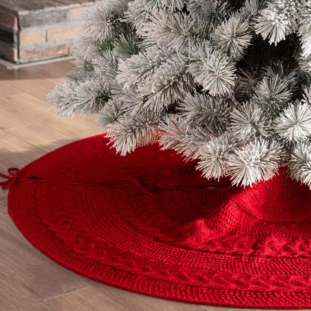 Glitzhome 52 in. Red Knitted Acrylic Christmas Tree Skirt